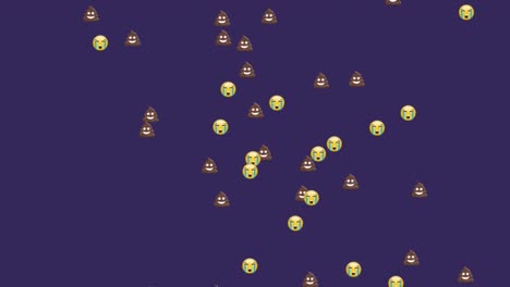 animación de caca y iconos emoji con choque en fondo púrpura