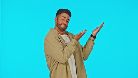 cara, encogiéndose de hombros y hombre con espacio para la mano para la maqueta