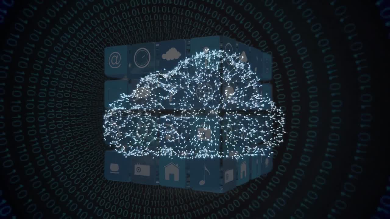 animación de nube y cubo hecha de iconos tecnológicos sobre fondo negro