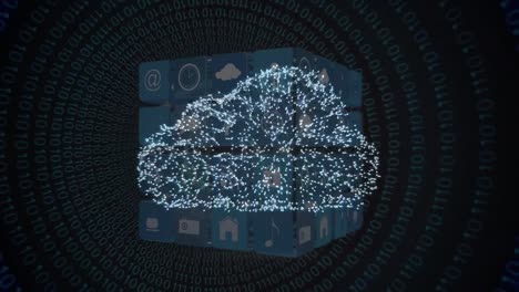 animation of cloud and cube made of technology icons over black background