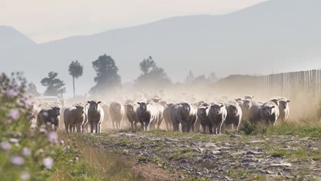 flock of sheep running on the dusty field in new zealand on a sunny day - medium shot