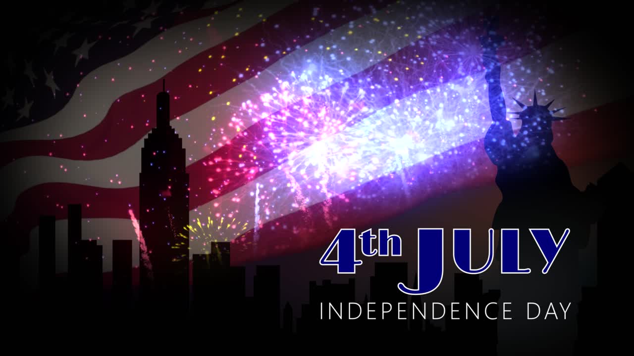 7월 4일 맨해튼과 자유의 여신상 스카이라인, 펄럭이는 별과 줄무늬 깃발로 독립기념일을 축하하는 흥미진진한 모션 그래픽, 극적인 불꽃놀이와 세련된 텍스트