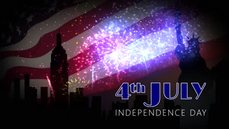 Exciting-4th-of-July-motion-graphic-celebrating-Independence-Day-with-Manhattan-and-Statue-of-Liberty-skyline-and-fluttering-Stars-and-Stripes-flag,-overlayed-with-dramatic-fireworks-and-stylish-text