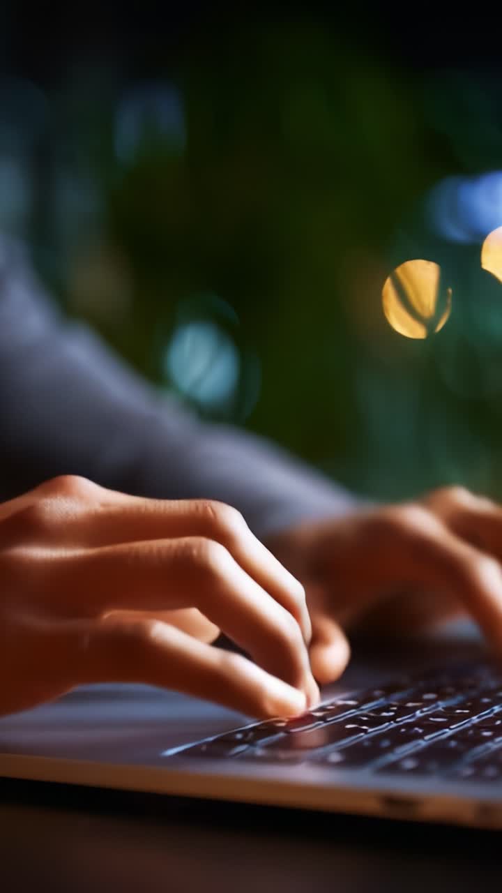 Primo piano di mani concentrate che digitano su una tastiera di un laptop in un ambiente scarsamente illuminato, enfatizzando la produttività e la concentrazione notturna