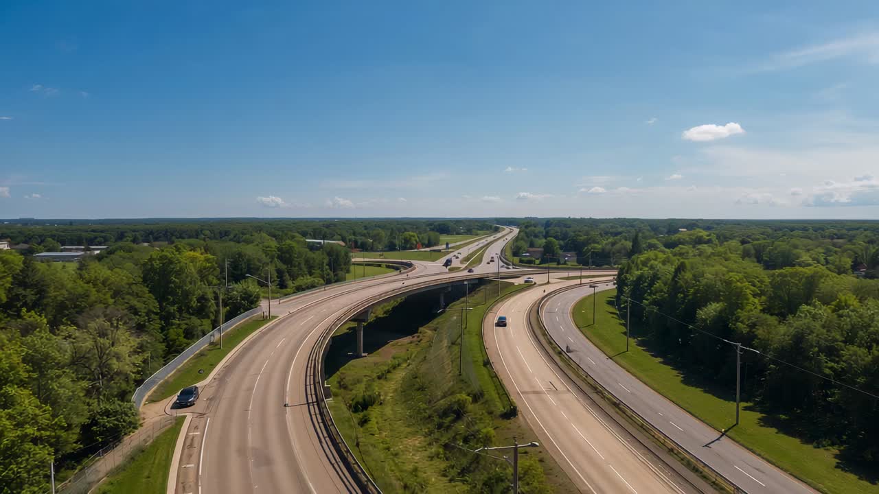 Passing seconds showing cars moving along curved ramps at suburban interchange to navigate routes