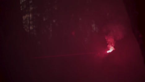 person with red flare in a dark forest at night