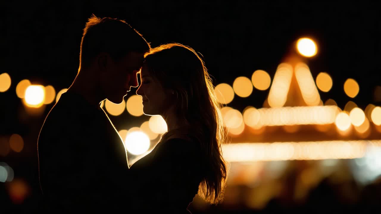 A Romantic Evening Under the Twinkling Lights: A Couple Embracing Each Other in Silhouette Amidst a Festive Backdrop of Colorful Bokeh and Joyful Atmosphere