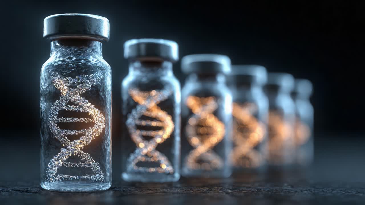Fiale di DNA illuminate: un'affascinante esposizione della struttura genetica all'interno di bottiglie di vetro, che evidenzia le complessità della biotecnologia e della ricerca genetica.