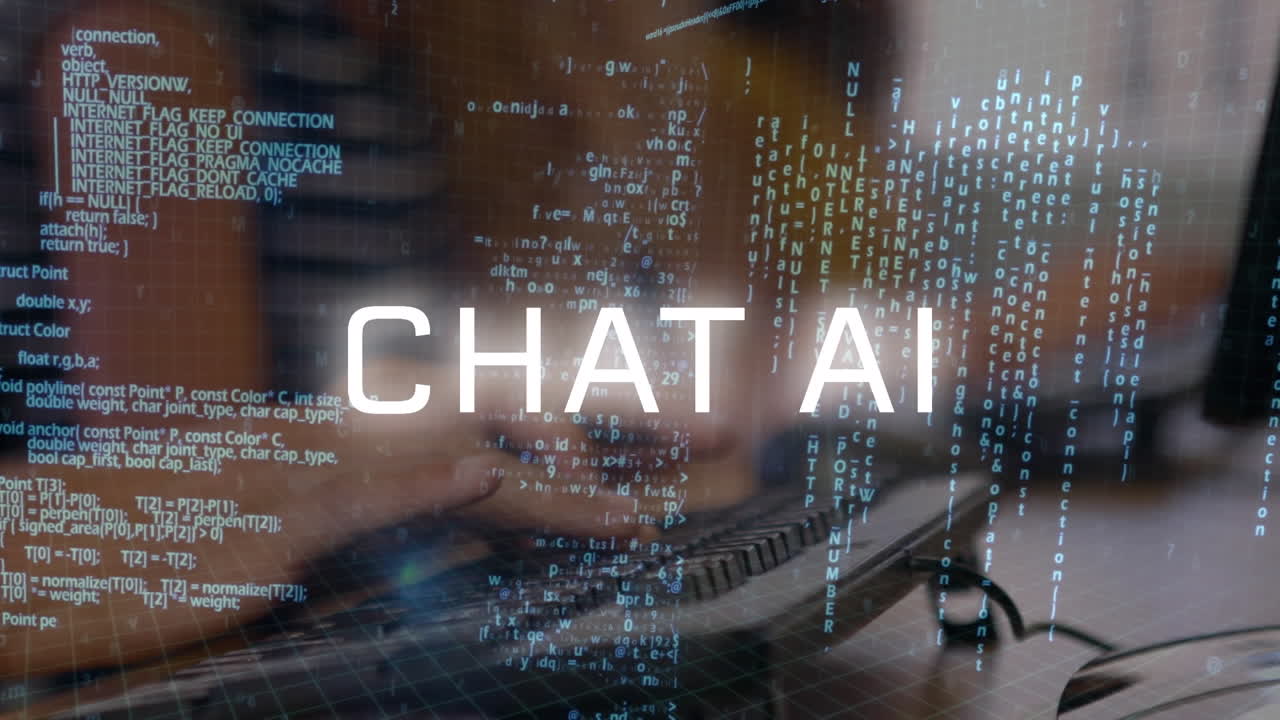 Animation of artificial intelligence text and data processing over caucasian woman using computer