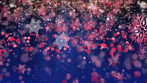 Animation-of-snowflakes-and-light-spots-over-blue-background