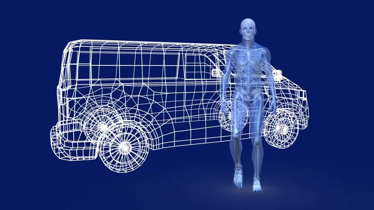 Animazione di un modello di corpo umano che cammina e di un'icona di furgone 3D che gira su sfondo blu
