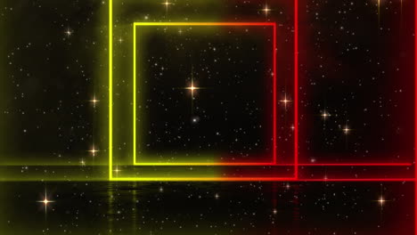 animation of a tunnel of glowing bright geometric square with night sky and glowing star in the back