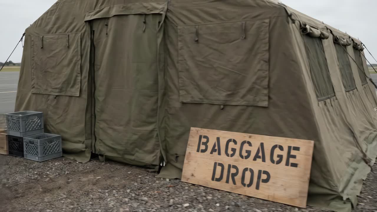 Military Tent with Baggage Drop Sign and Cart on Airfield