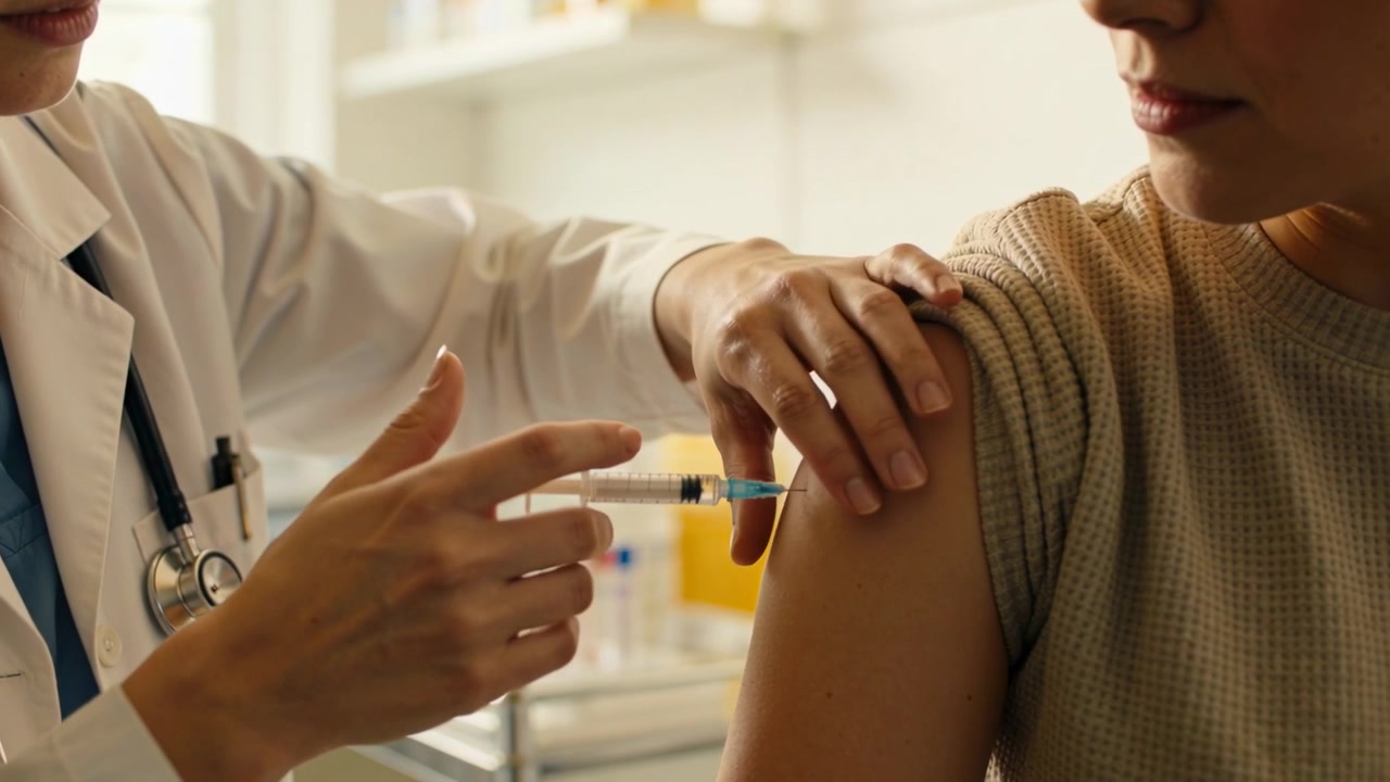 Approaching clinician in lab coat aligning syringe to arm inserting needle giving vaccine at clinic