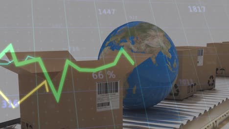 Animación-Del-Procesamiento-De-Estadísticas-Sobre-Cajas-De-Cartón-Y-Globo-Terráqueo-Sobre-Cinta-Transportadora.