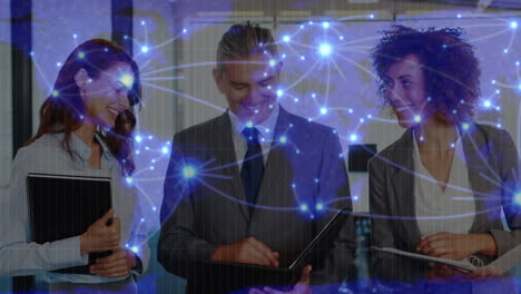 animation of network of connections over globe and diverse businesspeople in office