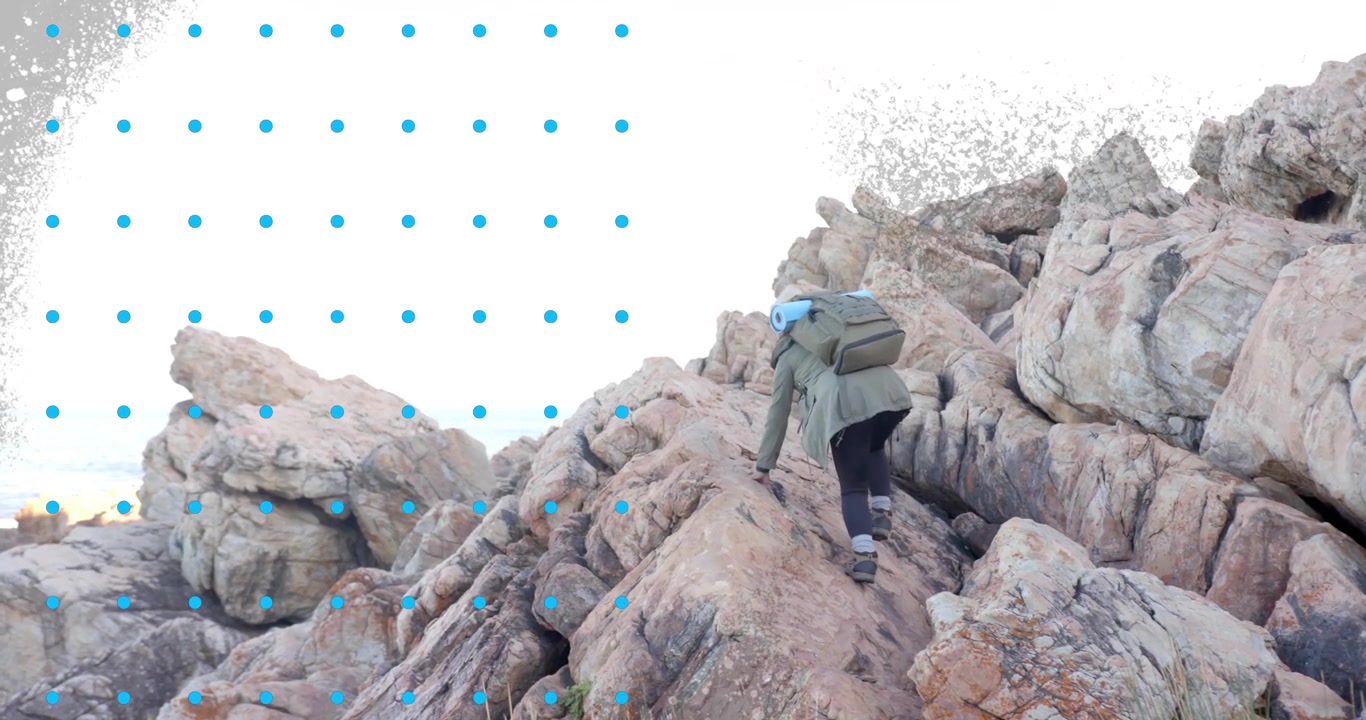 Reaching rocky base woman hiker climbing cliff toward summit, travel animation showing gear overlay
