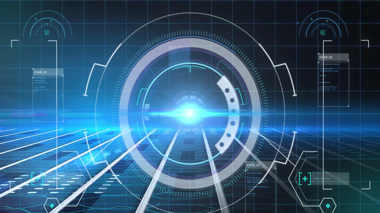 파란색 배경에 대한 범위 스캐닝과 데이터 처리 애니메이션