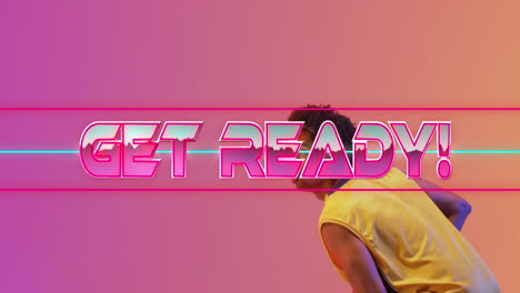 animación de get ready texto sobre patrón de neón y jugador de baloncesto biracial.