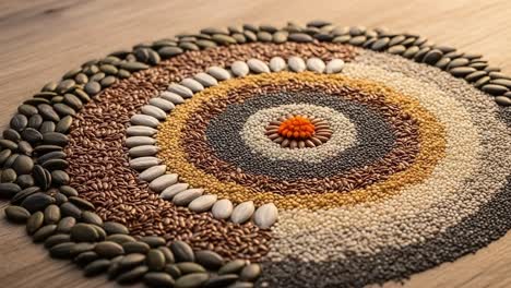 artistic arrangement of seeds and grains in circular pattern showcases natural colors and textures, creating a unique visual experience inspiring creativity and tranquility