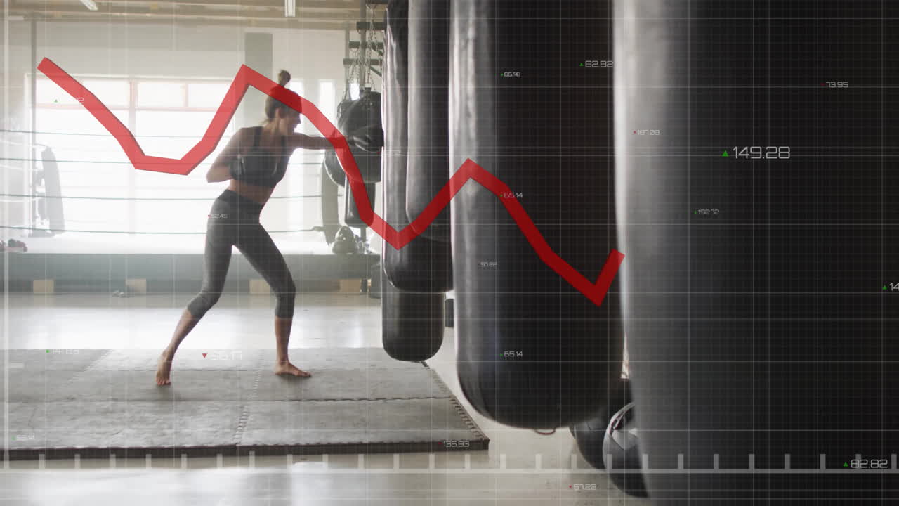 Boxe in palestra, donna che si allena con il sacco da boxe su animazione di grafico finanziario