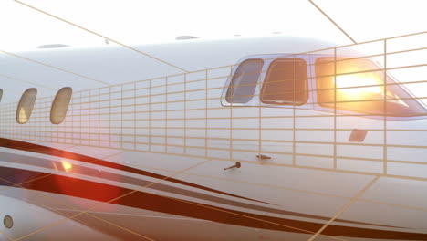 private jet fuselage front section showing golden grid overlay and wing segment in flat 3d render