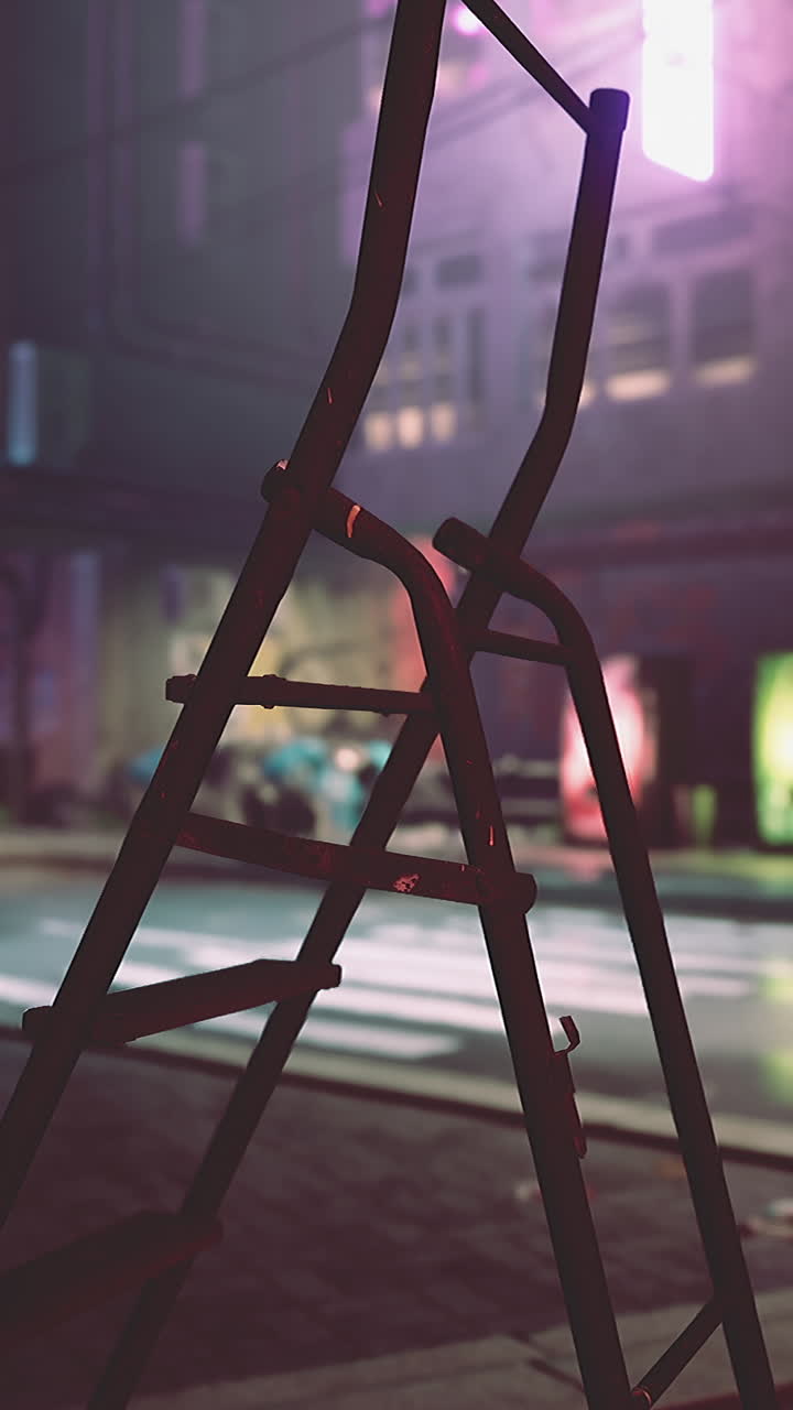 밤에 도시에서 오래된 금속 사다리