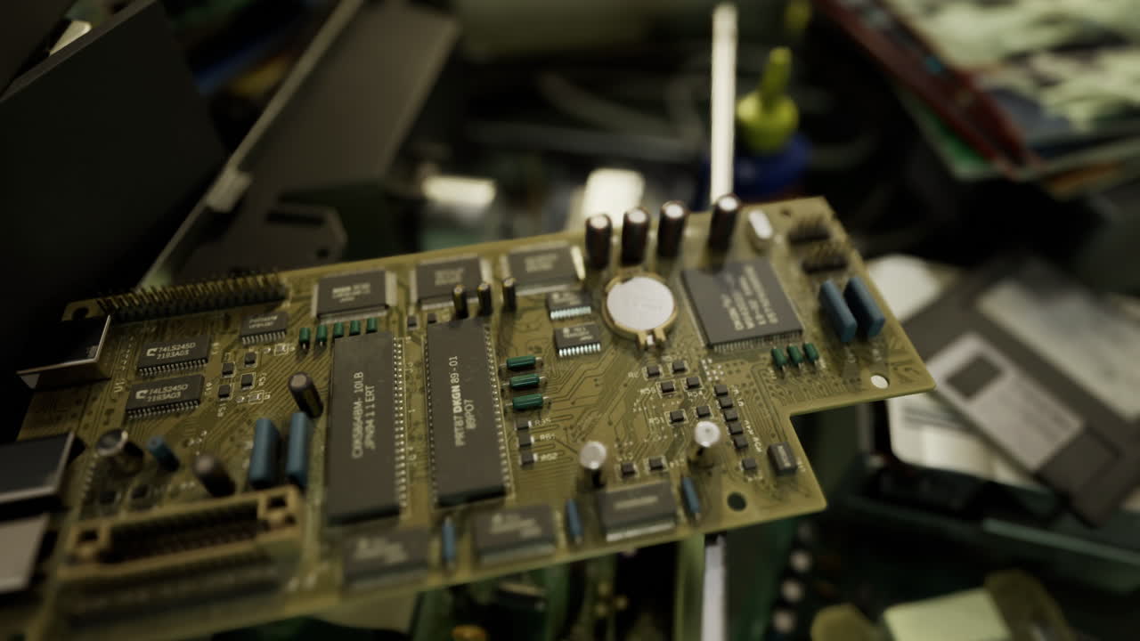 Motherboard on workbench surrounded by other electronic components in workshop
