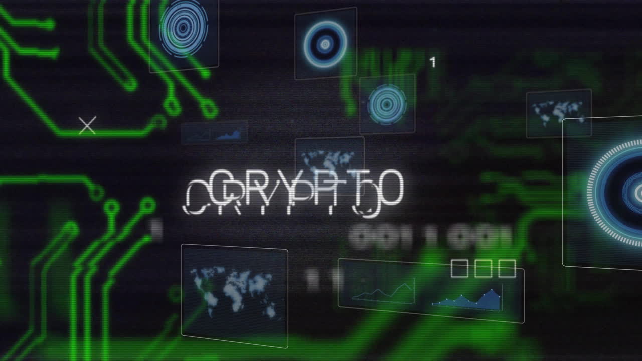 Animation of digital graphics with CRYPTO text in green over circuit patterns