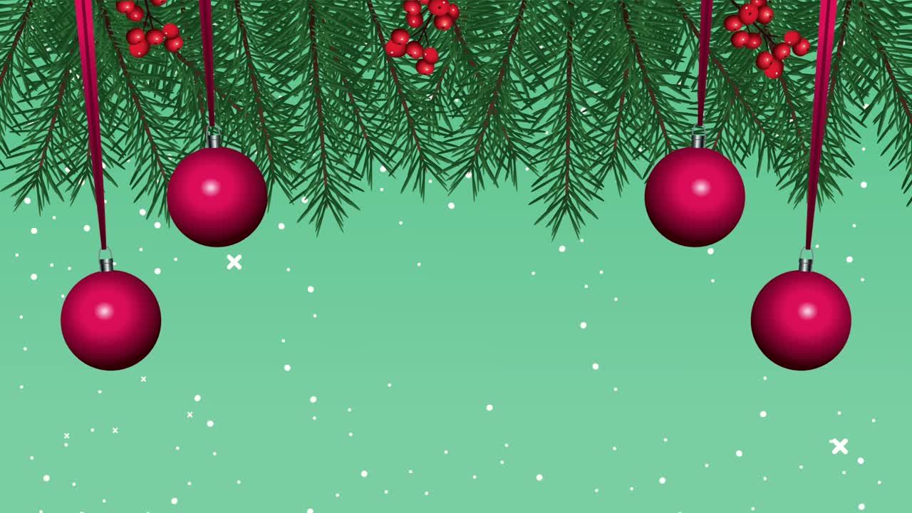 feliz navidad con bolas colgando de las hojas.