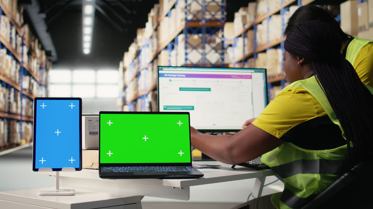 Vertical Video Multiethnic team of warehouse workers next to green screen monitor