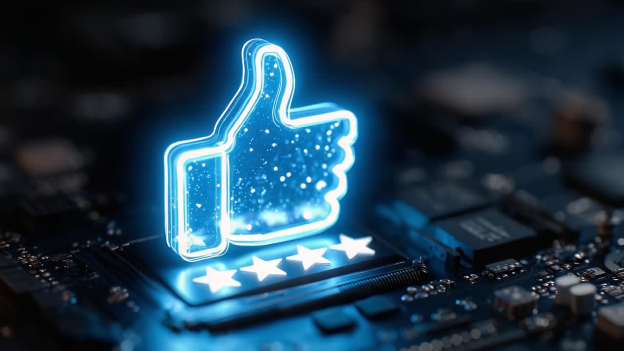 An Innovative Digital Representation of User Engagement: A High-Tech Thumb-Up Gesture against a Circuit Board Background with Rating Stars Highlighted