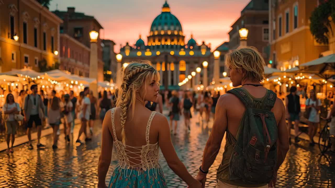 Grafica in movimento cinematografica di una giovane coppia che si tiene per mano mentre cammina per una vivace strada del centro storico al tramonto, con luci calde, folla e un'atmosfera di bokeh morbido.