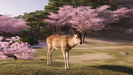 fawn among cherry blossoms in spring