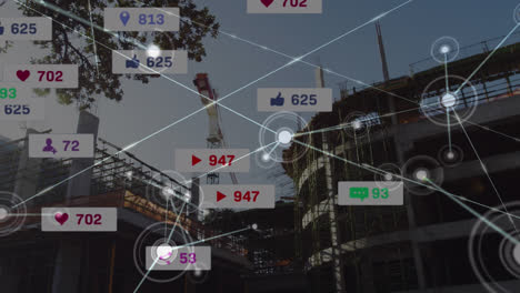 Animation-Eines-Verbindungsnetzwerks-Mit-Social-Media-Symbolen-über-Einem-Gebäude