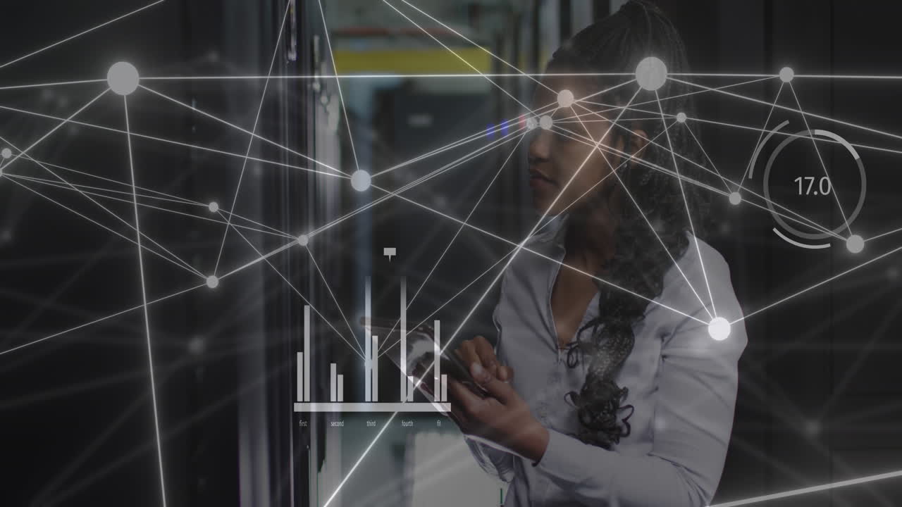 Animation of network of connections over african american woman using smartphone