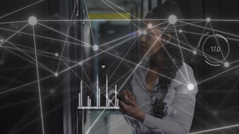 animation of network of connections over african american woman using smartphone