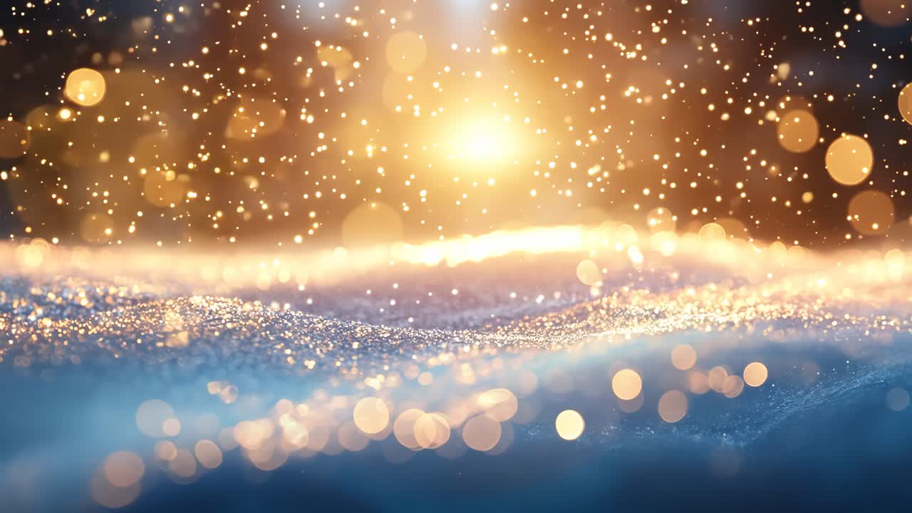 A snowy landscape with a bright sun shining through the snow. The sun's rays create a warm and inviting atmosphere