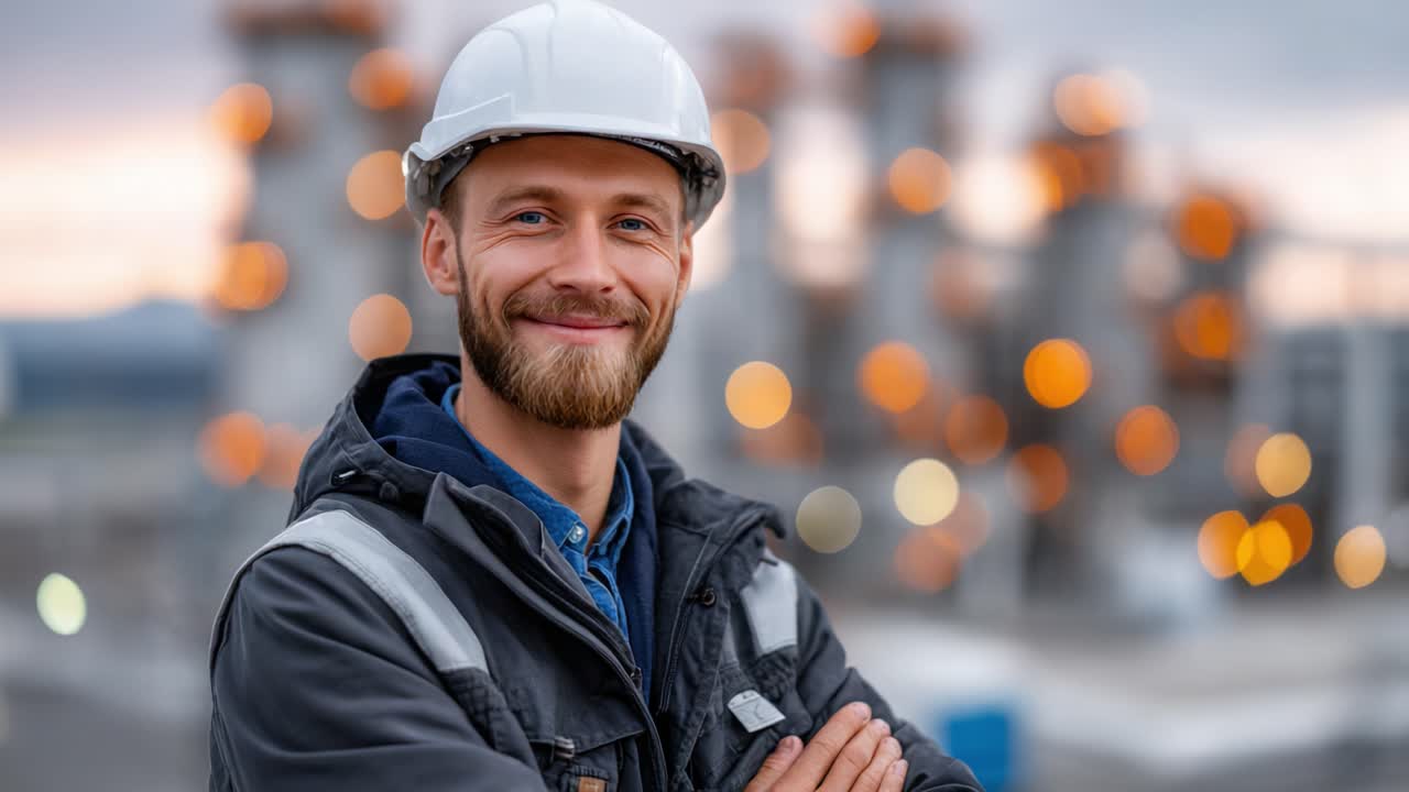 A confident construction worker poses proudly at a modern industrial site, showcasing both safety and dedication to his profession amidst the vibrant backdrop of machinery
