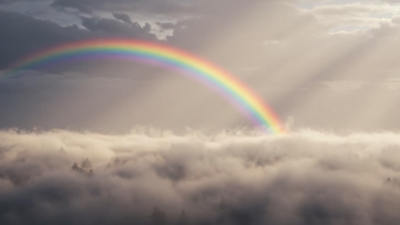 A breathtaking view of a vibrant rainbow arching gracefully over a landscape shrouded in mist and clouds, illuminated by soft rays of sunlight breaking through the gray sky
