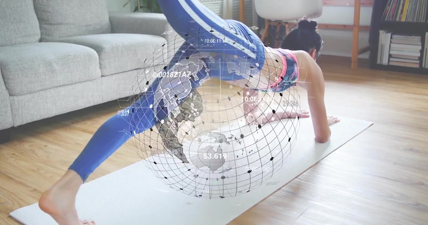 Woman holding plank in living room starting leg lifting and knee-to-elbow tucking for core fitness
