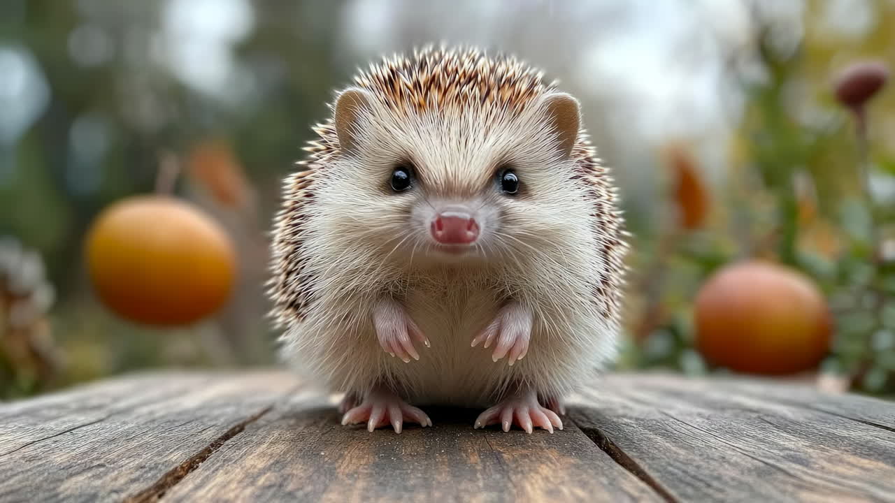 Igel auf Holz in der Natur. Ein Igel läuft an einem sonnigen Tag im Freien auf einer Holzfläche, umgeben von Herbstpflanzen und -früchten