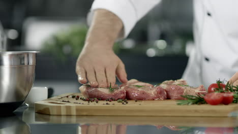 professional chef cooking meat in kitchen