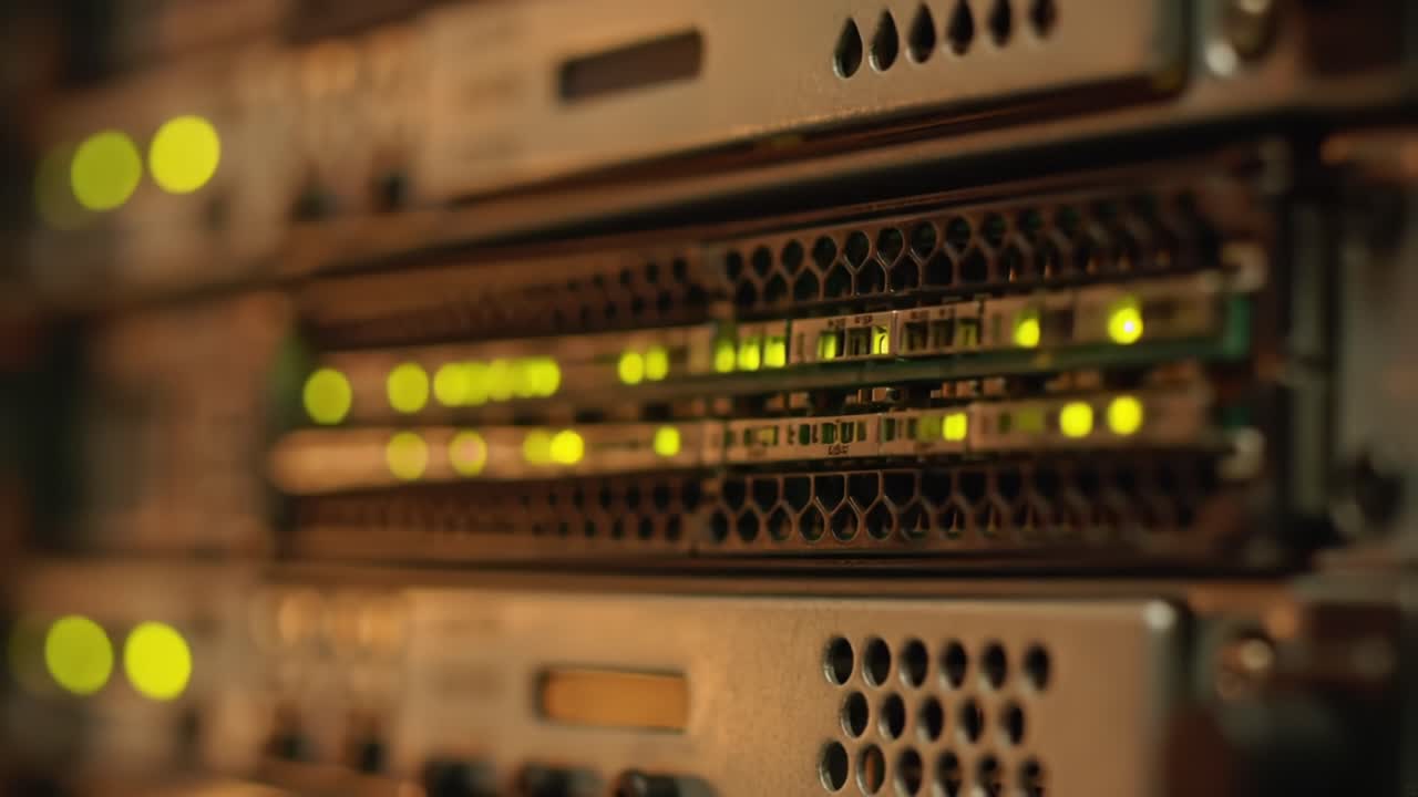 A Close-Up View of Network Server Hardware with Illuminating Lights Indicating Active Connections and Data Transfer Within a Datacenter Environment