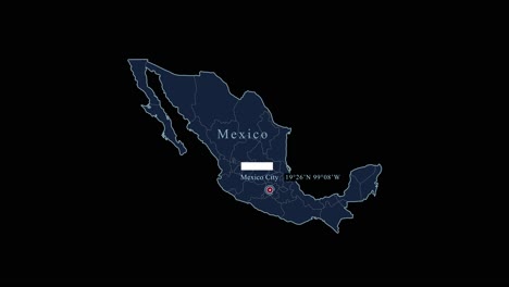 blue stylized mexico map with capital city and geographic coordinates on black background