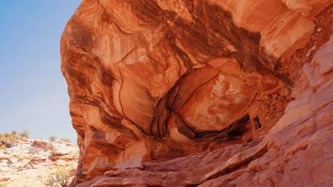 Wide-shot-fallen-roof-pueblo-ruin-at-sunrise-in-Bears-Ears-National-Monument,-Utah