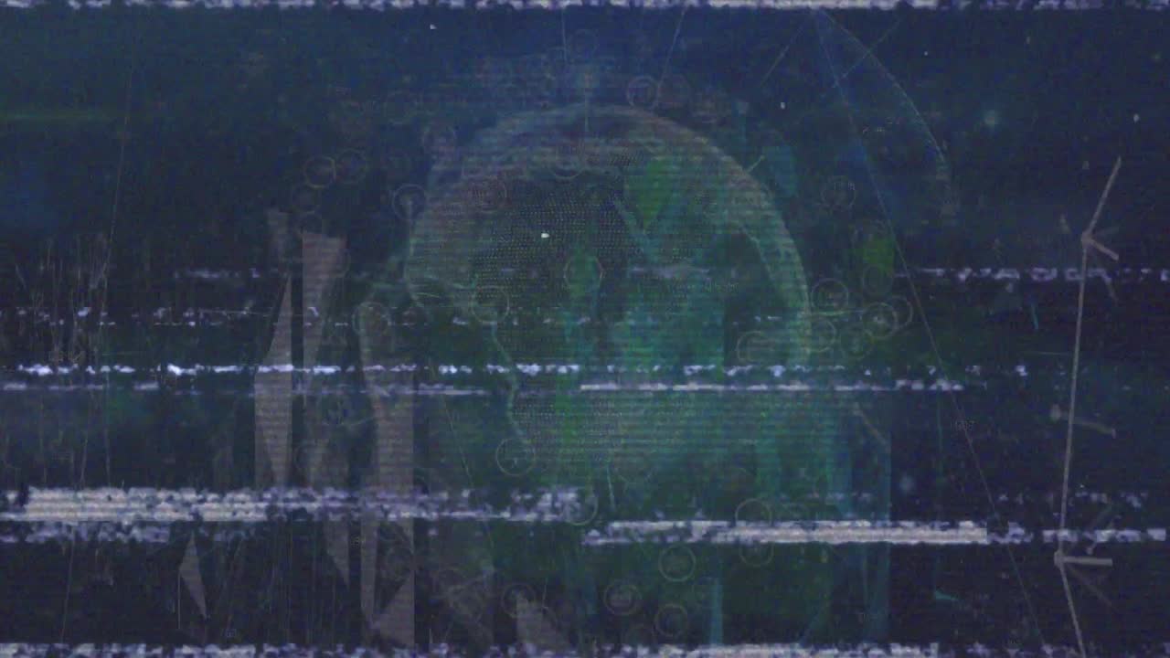 Animation af interferens og globus over et netværk af forbindelser på sort baggrund.
