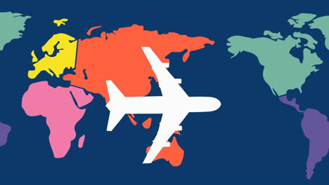 animation of white airplane flying over multi coloured world map on dark blue background