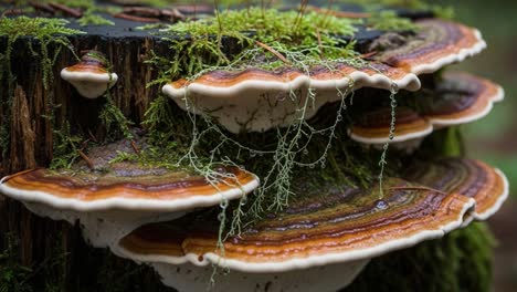 beautifully layered fungi: a close-up view of vibrant mushroom growth on decaying wood surrounded by lush green moss and delicate nature elements