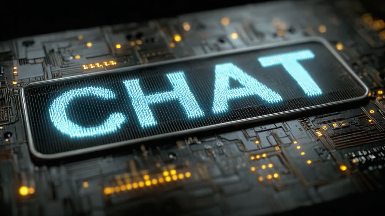 Illuminated Text Reading 'CHAT' on a Circuit Board Background, Highlighting Technology and Communication in Modern Digital Interactions